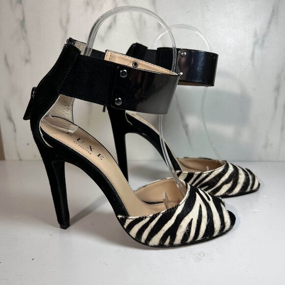 Luxe By Just Fab Pump Heels Womens Size 6 Black White Zebra Peep Toe Ankle Strap - Picture 2 of 13